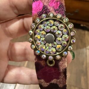 NEW-Pink and Brown Leopard Hair on Hide Print Bracelet with Rhinestone Detail